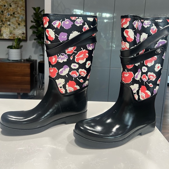 Coach black and floral rain boots. - Picture 2 of 7